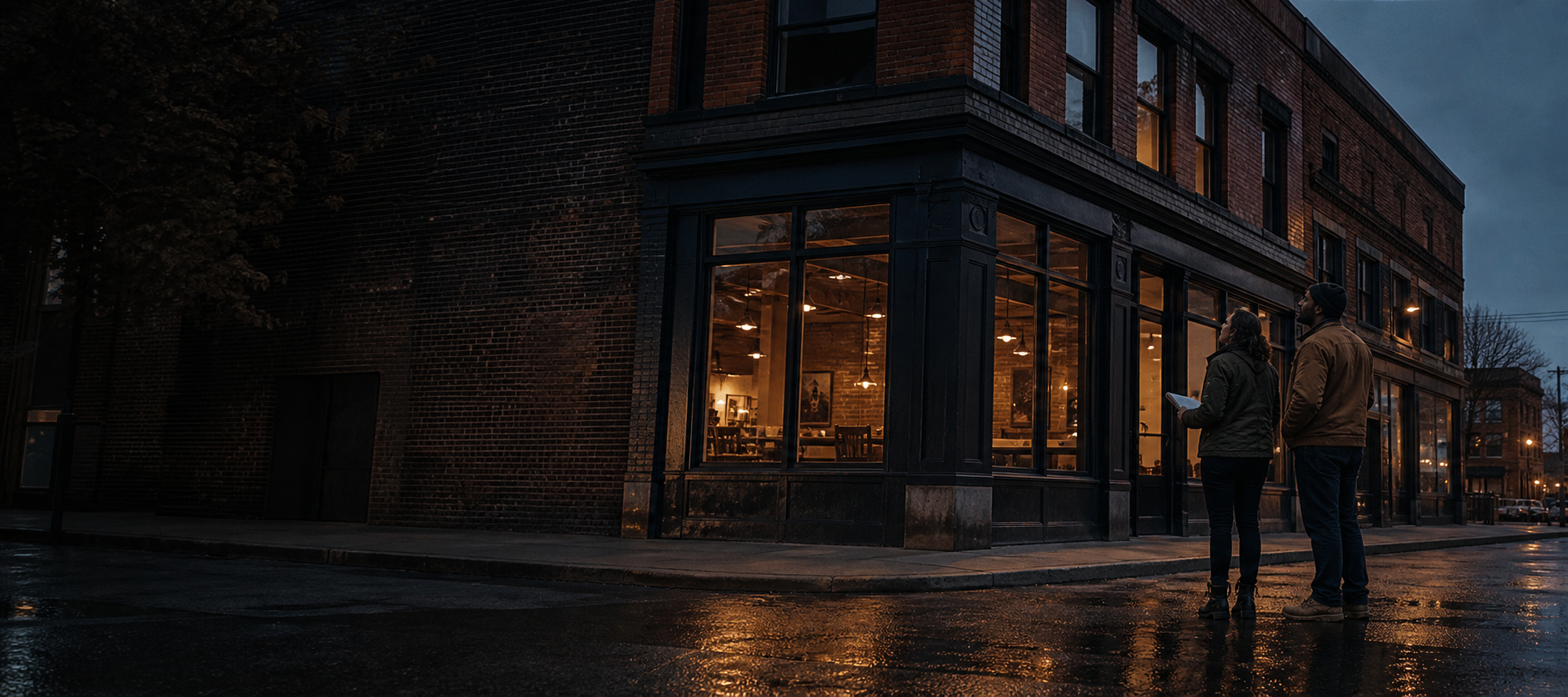 Real estate professionals evaluating a mixed-use property at dusk